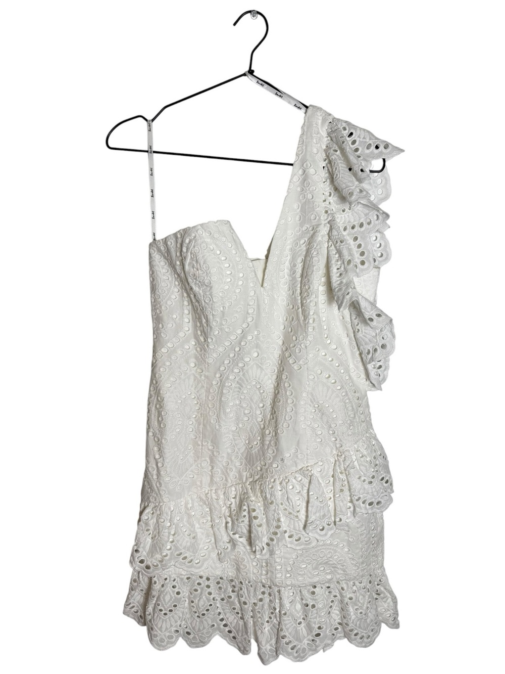 Bardot White Eyelet One Shoulder Ruffle Lace Mini Dress